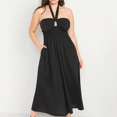 Fit & Flare Smocked Twist-Front Halter Maxi Dress
